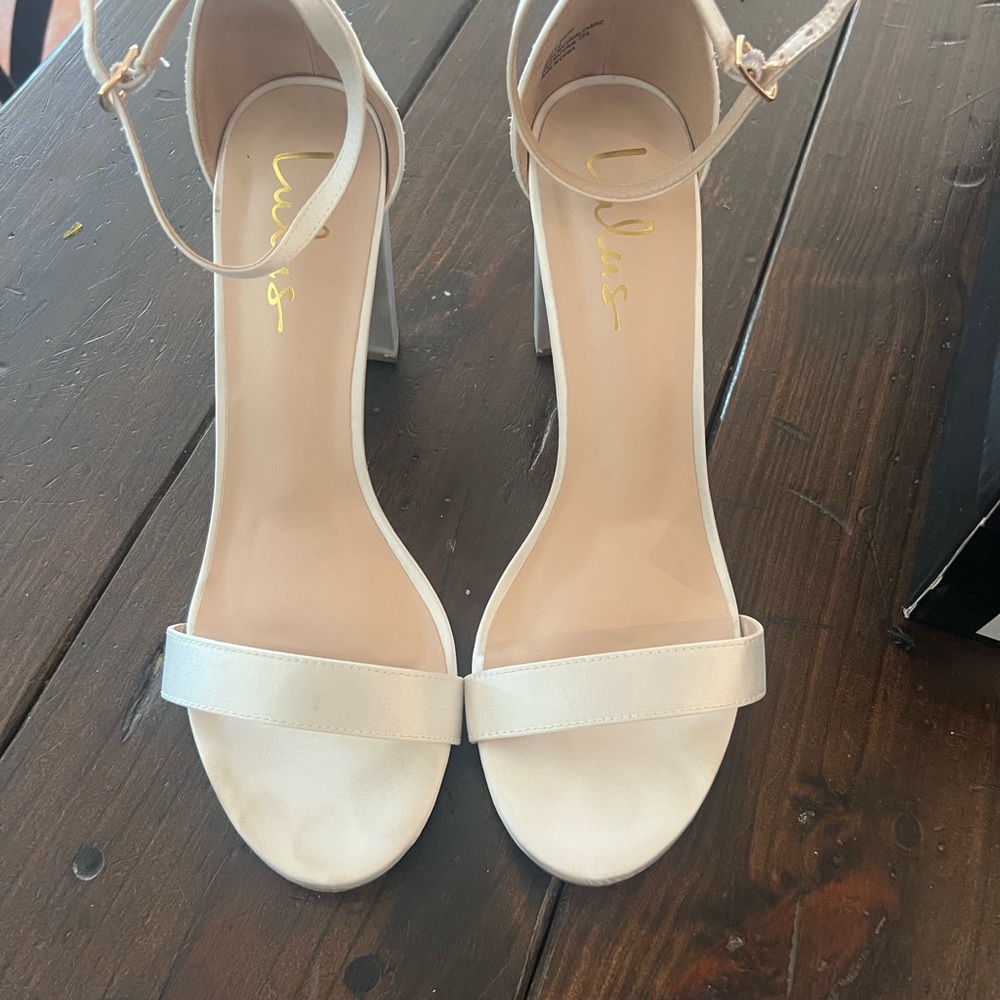 Lulu's White Satin Ankle -Strap Block Heels